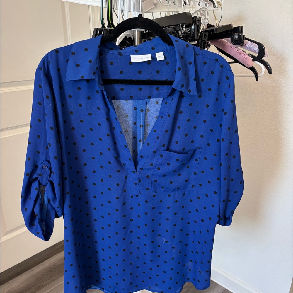 New York & Company Royal Blue Polka Dot Blouse